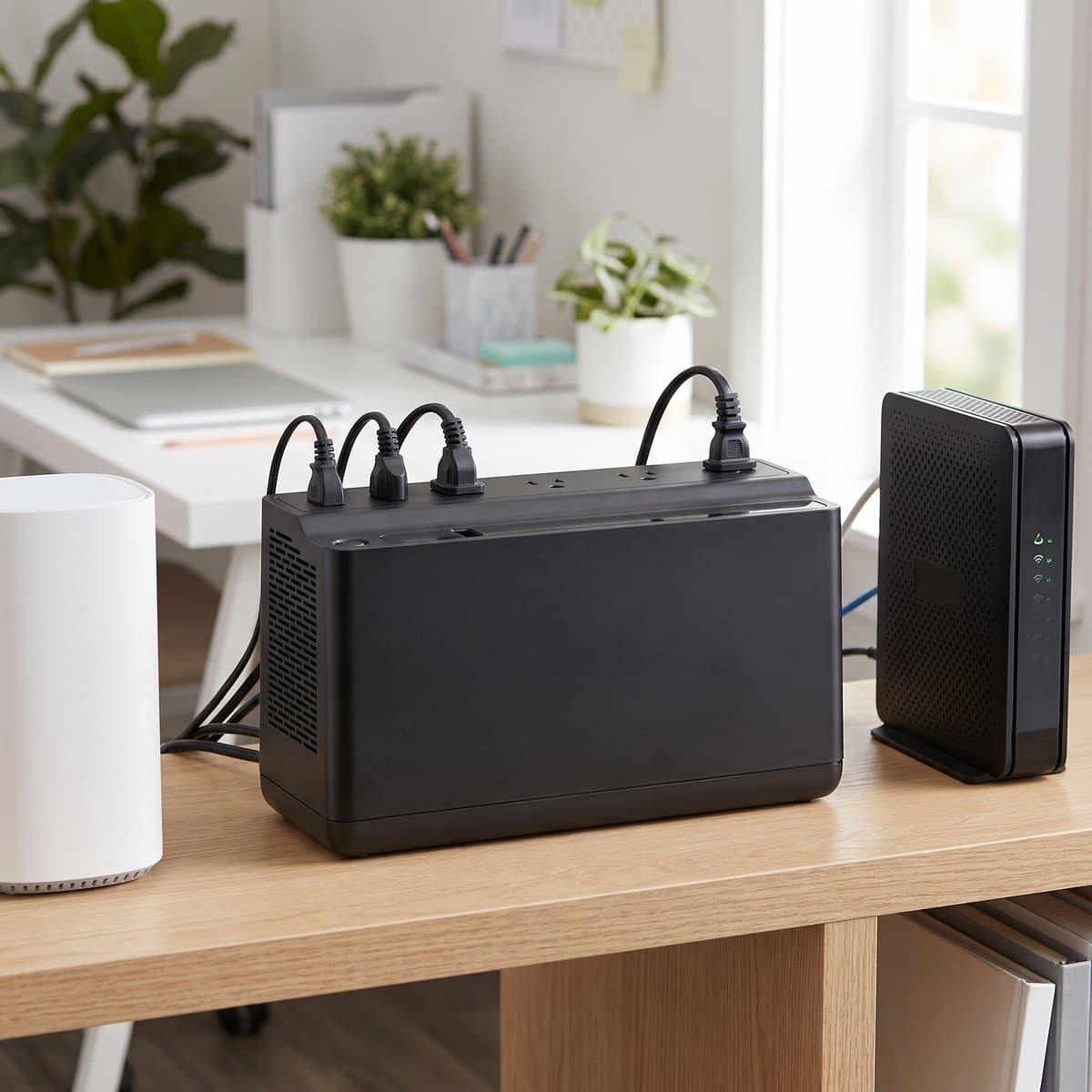 APC Back-UPS BE600M1 small black desktop battery backup unit sitting on a shelf beside a home router and modem with cables plugged in