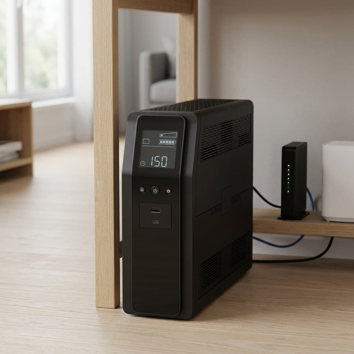 APC Back-UPS Pro BR1500MS2 matte black tower UPS standing beside a desk leg, its LCD showing battery and load bars above a row of buttons and stacked USB-A and USB-C ports, cabled to a modem and router on a low shelf