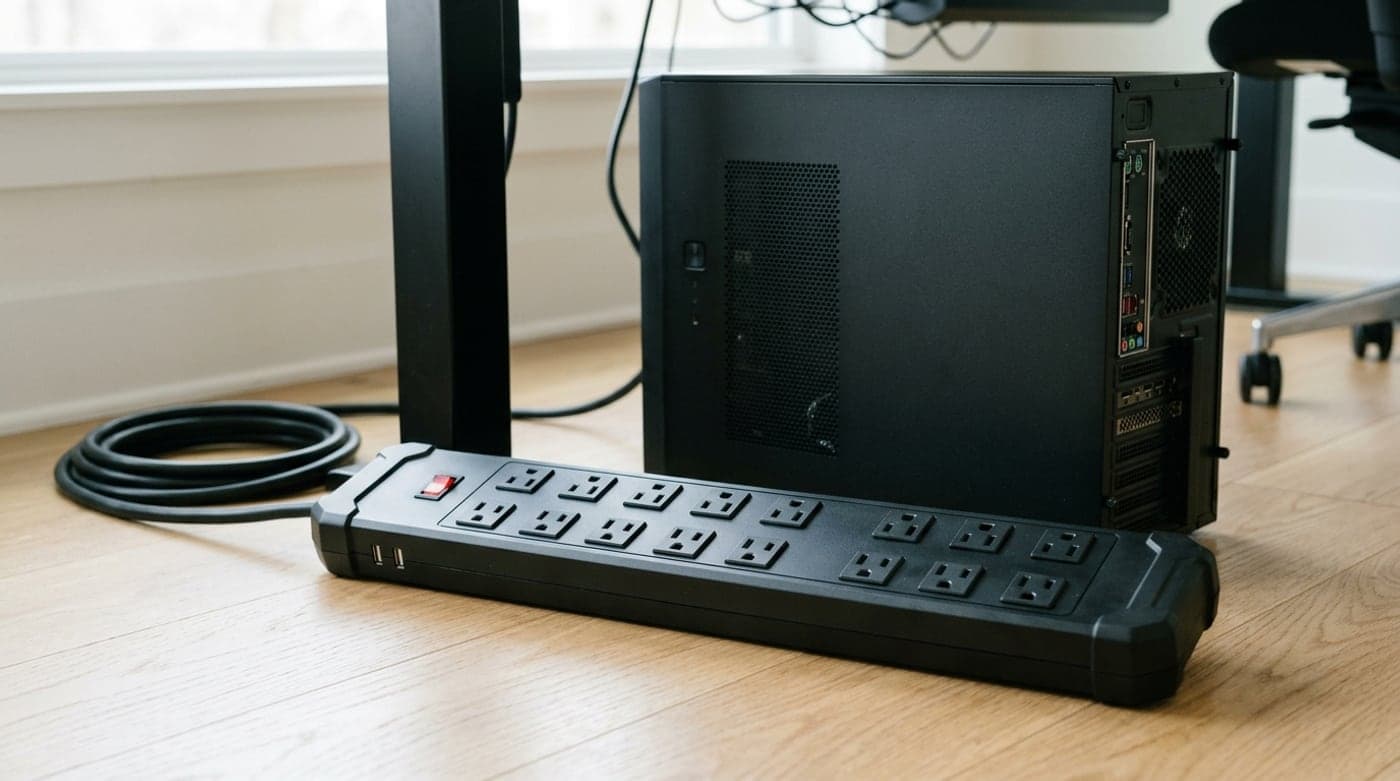 APC Performance SurgeArrest P12U2 long black surge protector with twelve outlets and two USB-A ports beside a desktop PC