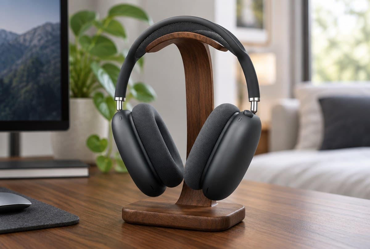 Midnight AirPods Max 2 with knitted mesh canopy headband and aluminium earcups standing on a wooden headphone stand on a walnut desk in a modern bedroom home office