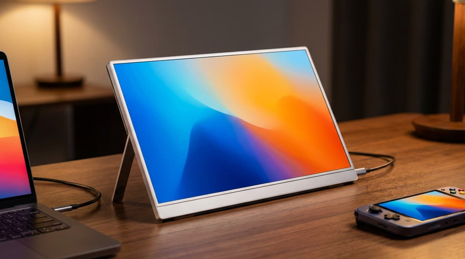 Slim silver 16-inch portable monitor held up by the thin metal kickstand hinged into its back, sitting low on a walnut desk beside a laptop and a handheld games console in a lamp-lit room