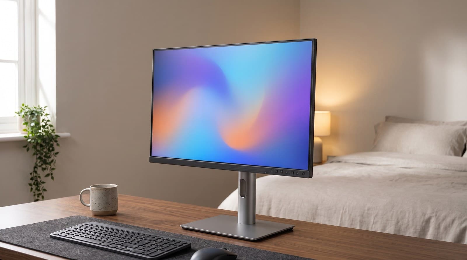 Dark grey 27-inch 5K monitor with slim bezels and a row of control keys on the chin, raised high on a brushed-silver height-adjustable stand with a cable pass-through, on an uncluttered walnut desk