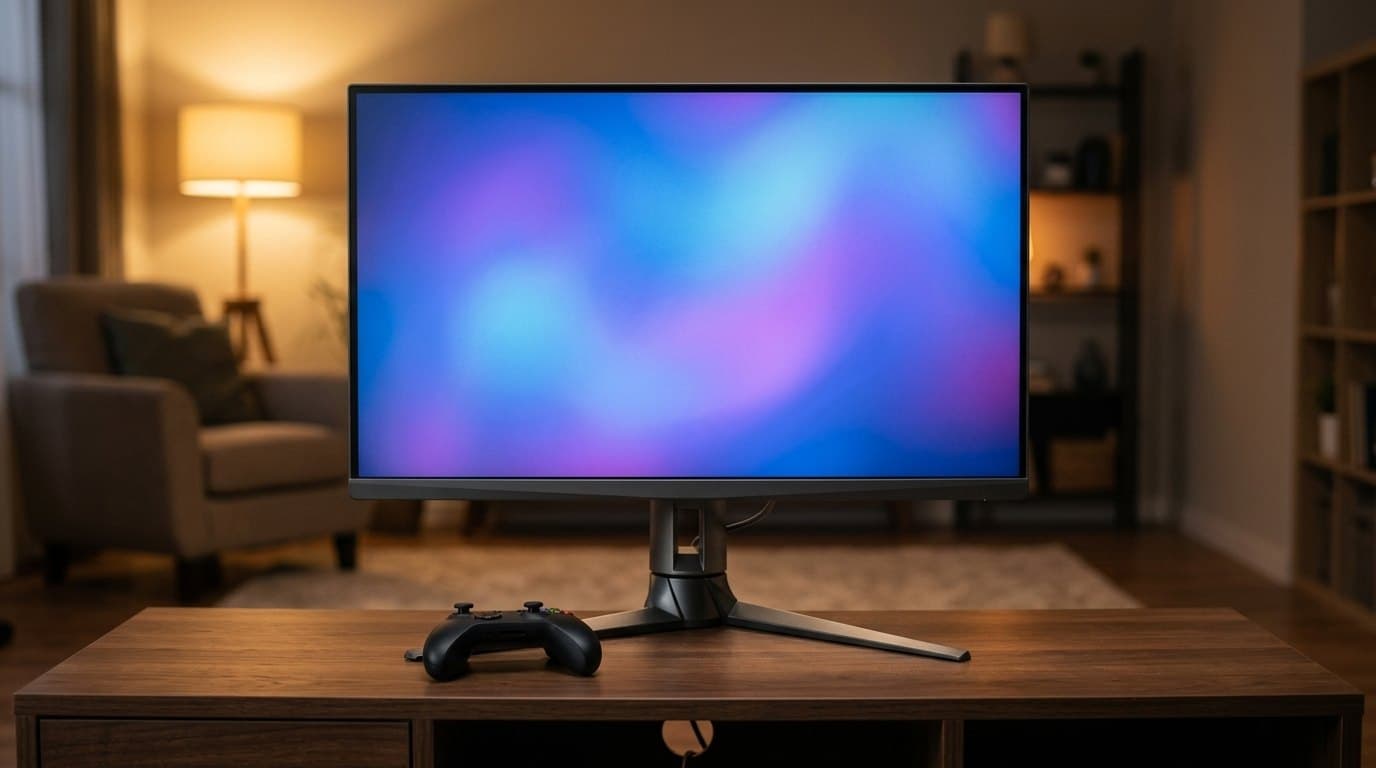 A 27-inch flat dark grey gaming monitor on an angular gunmetal stand column with a low splayed tri-foot base, on a wooden media console in a warm lamplit living room with a black wireless controller resting in front