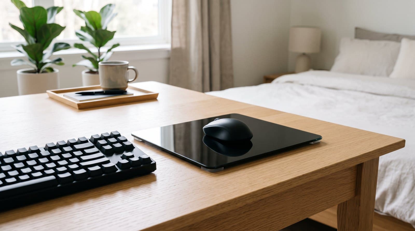 Compact black glass mousepad with rounded corners and clear silicone corner pads on a wooden desk beside a keyboard