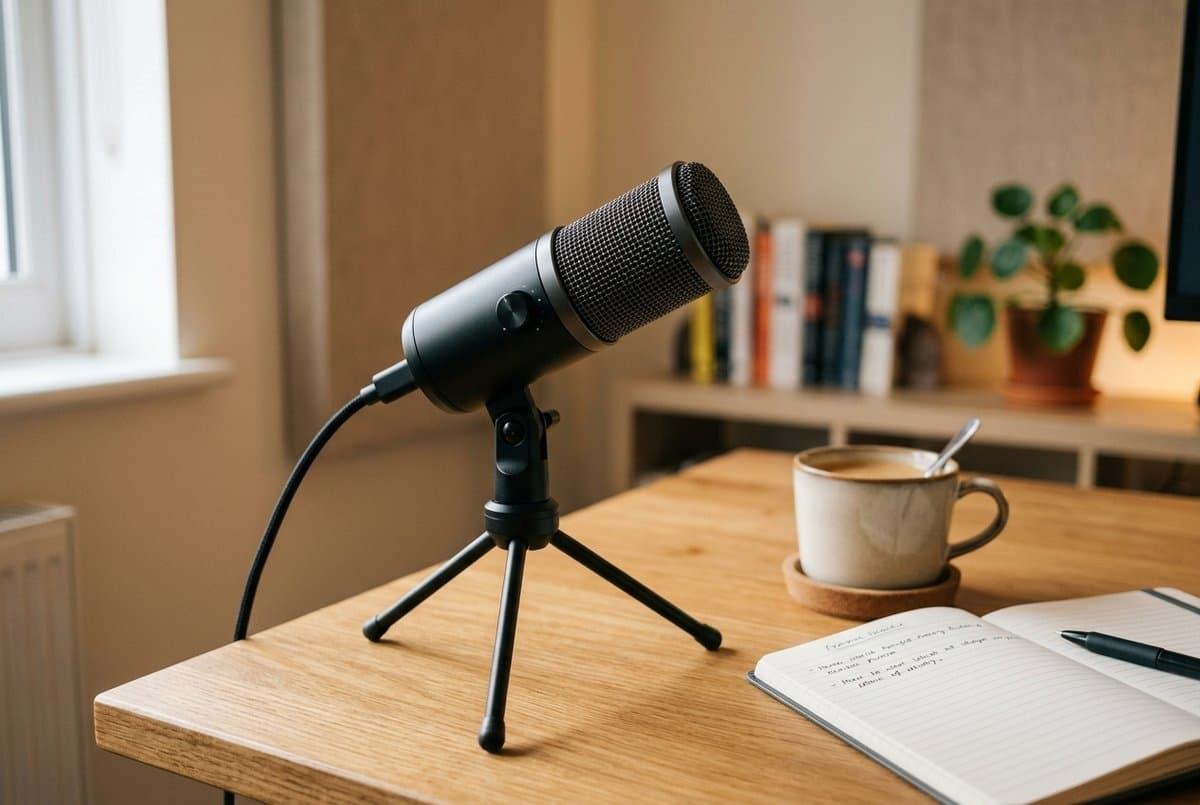 Audio-Technica ATR2100x-USB compact broadcast dynamic microphone on a tripod stand in a minimal home office