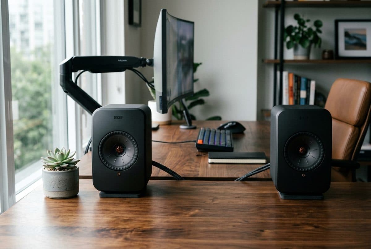Audioengine A2+ matte black bookshelf speakers on a walnut desk next to a monitor arm and a small succulent in a modern home office
