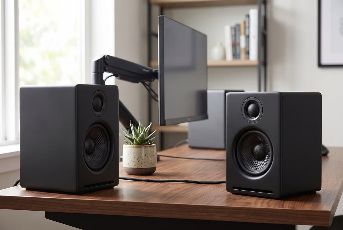 Audioengine A2+ Next Gen matte black desktop speakers on a walnut desk next to a monitor arm and a small succulent in a modern home office