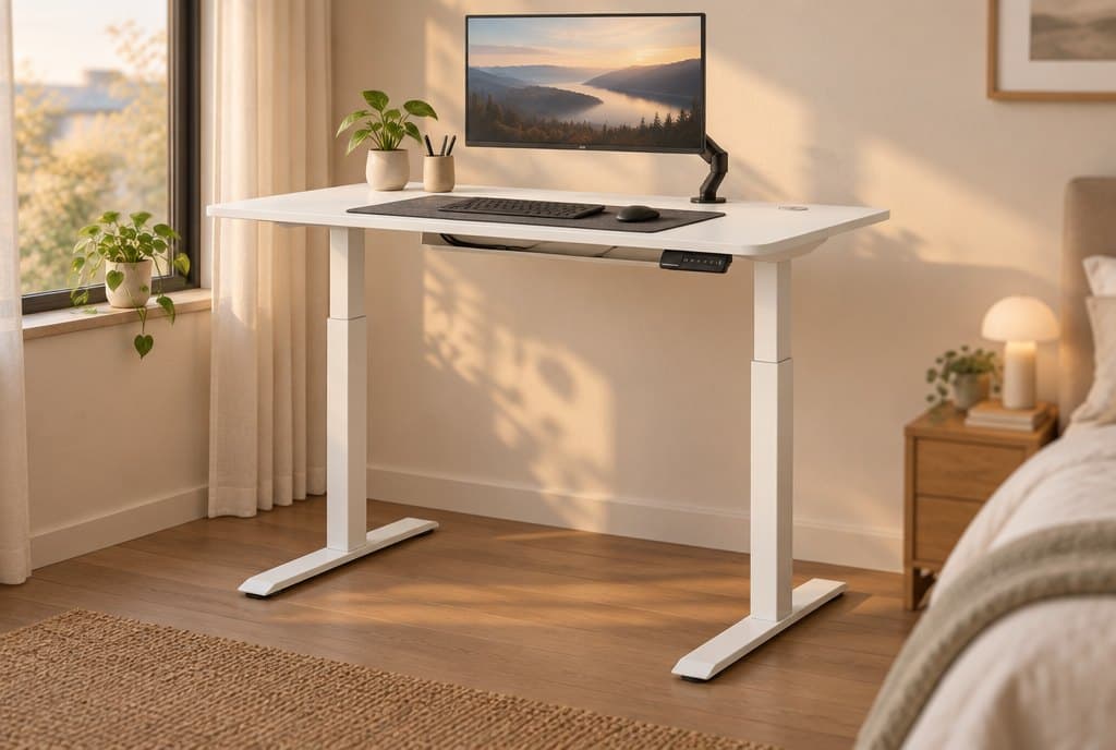 White Autonomous Desk 2 electric standing desk with two-stage white leg columns, flat white feet and a white top, raised to standing height in a sunlit bedroom home office with a monitor on a black arm