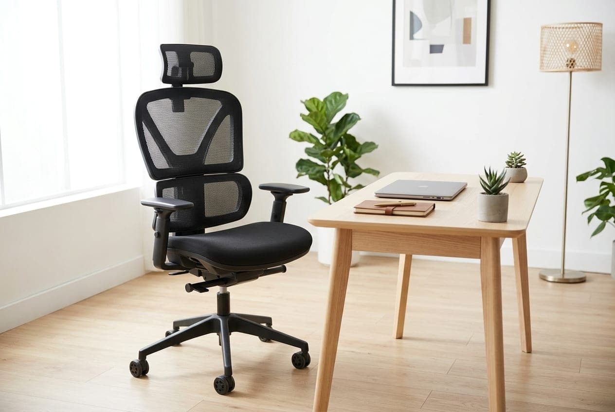 Autonomous ErgoChair Core ergonomic office chair with mesh back and headrest beside a desk