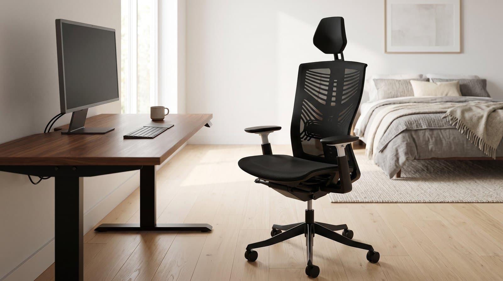 Autonomous ErgoChair Ultra 2 with a black exoskeleton mesh back, angular black headrest, black armrests and a wide black five-star base, in a home office beside a desk