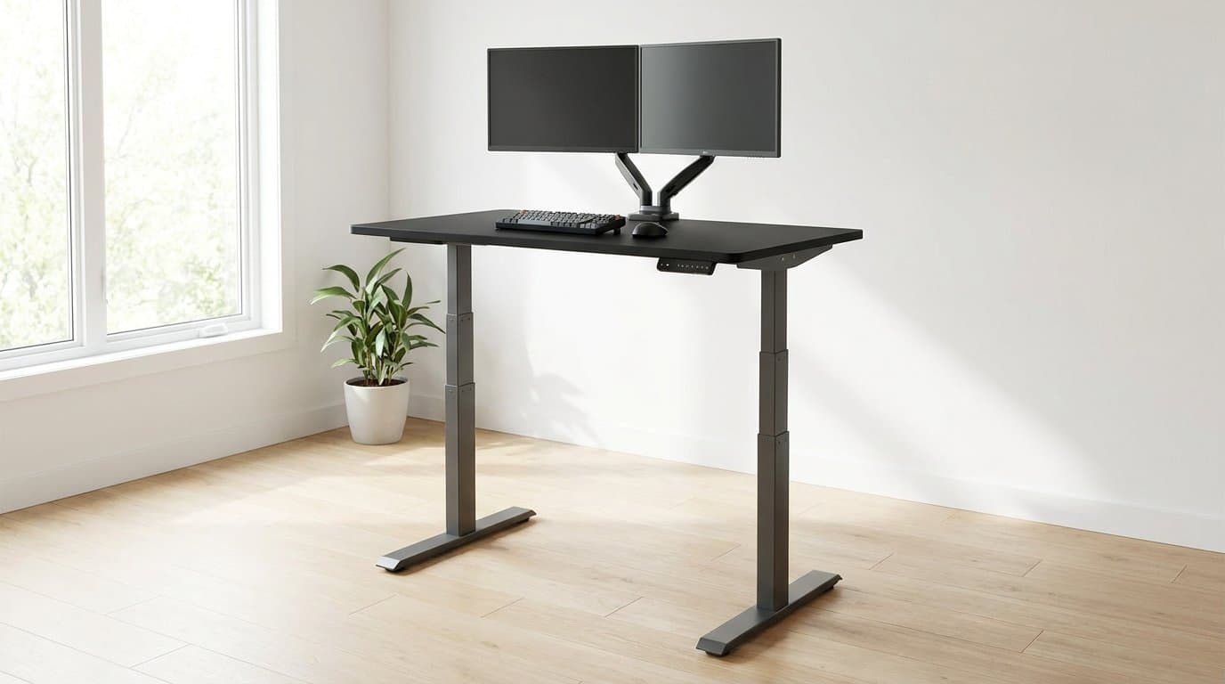 Autonomous SmartDesk Pro standing desk with a black top and gray dual-motor frame raised high in a minimalist home office, holding two monitors on an arm at eye level for a tall user