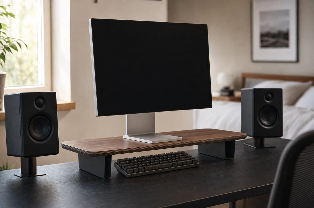 BALOLO Setup Cockpit walnut monitor stand raised on two satin-black feet set inboard from the ends, with a keyboard tucked into the clearance underneath in a home office