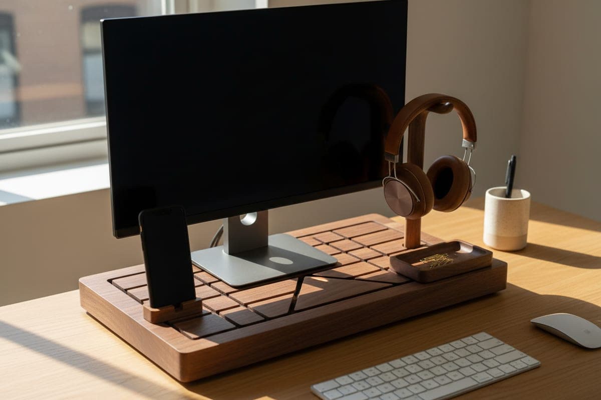 Balolo Setup Cockpit walnut monitor stand with modular accessory grid holding a phone and headphones above a desk in a home office