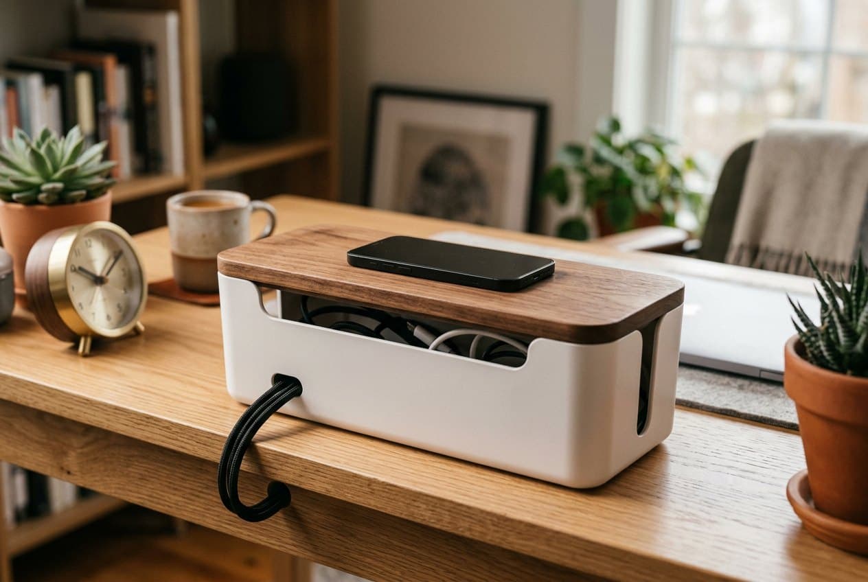 Baskiss cable management box with a solid wood lid sitting on a desk holding a phone on top while hiding a power strip inside