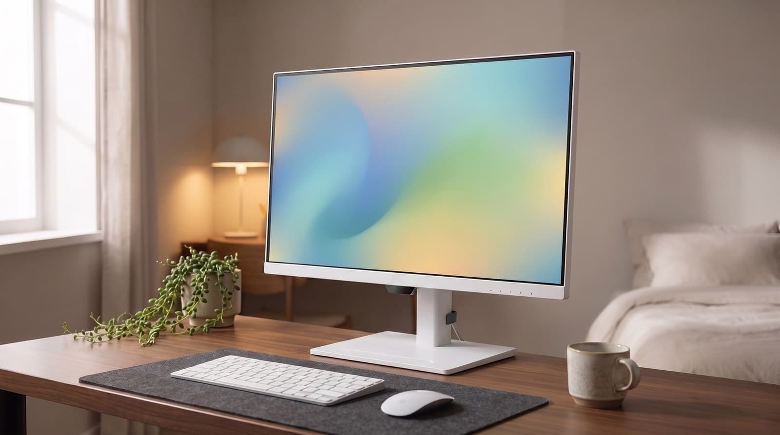 White 27-inch monitor with a sensor module and control keys on its lower bezel, raised on a white height-adjustable stand above a walnut desk with a white keyboard, mouse and mug