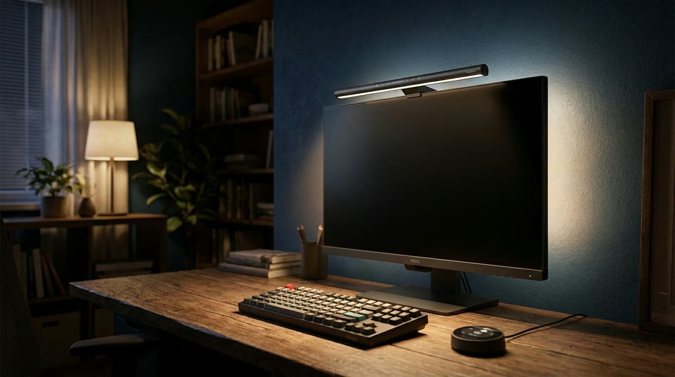 BenQ ScreenBar Halo 2 monitor light bar with a glowing rear bias light behind the monitor, its wireless rotary puck on the desk, in a dim evening home office
