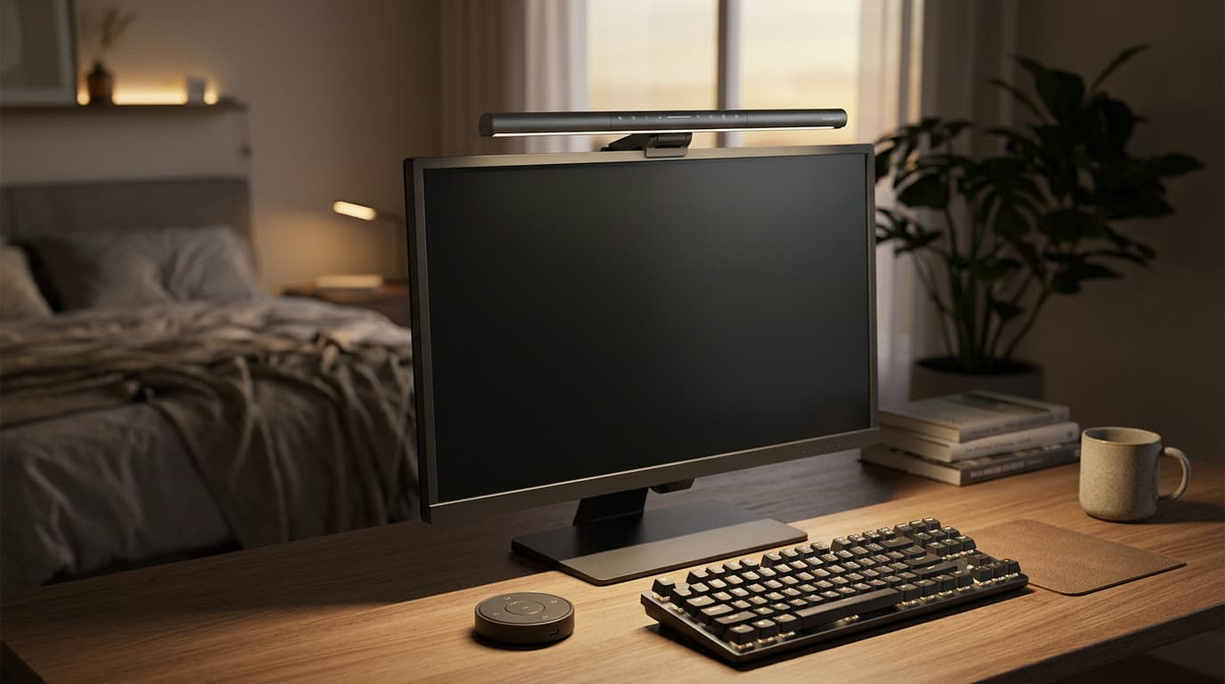 BenQ ScreenBar Pro light bar clipped to the top of a monitor with its round wireless controller on the desk, lighting a keyboard in a modern home office