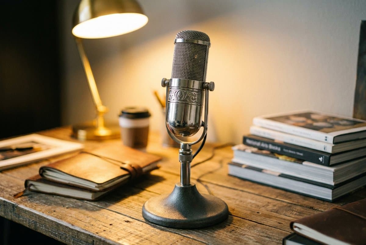 Blue Yeti large silver USB condenser microphone on its desktop stand in a warm creative desk workspace