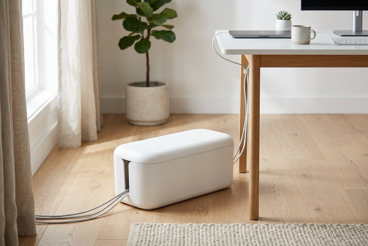 Bluelounge CableBox in white with a curved lid hiding a power strip on the floor next to a modern desk