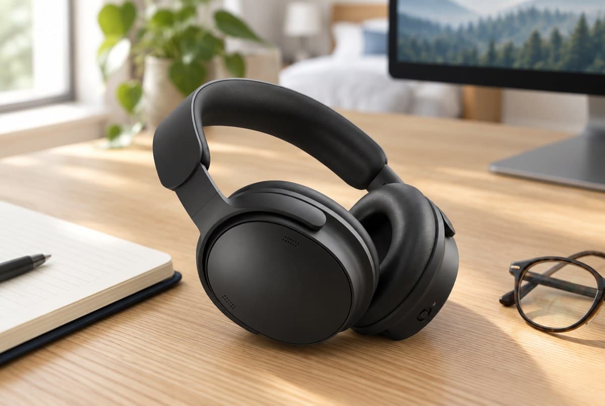 Matte black Bose QuietComfort Headphones 2nd Gen standing upright on a light oak desk beside an open notebook, a pen and a pair of glasses in a bright bedroom home office