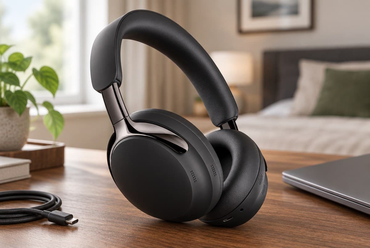 Matte black Bose QuietComfort Ultra Headphones 2nd Gen with the glossy metal yoke arm, resting on a walnut desk beside a closed laptop and a USB-C cable