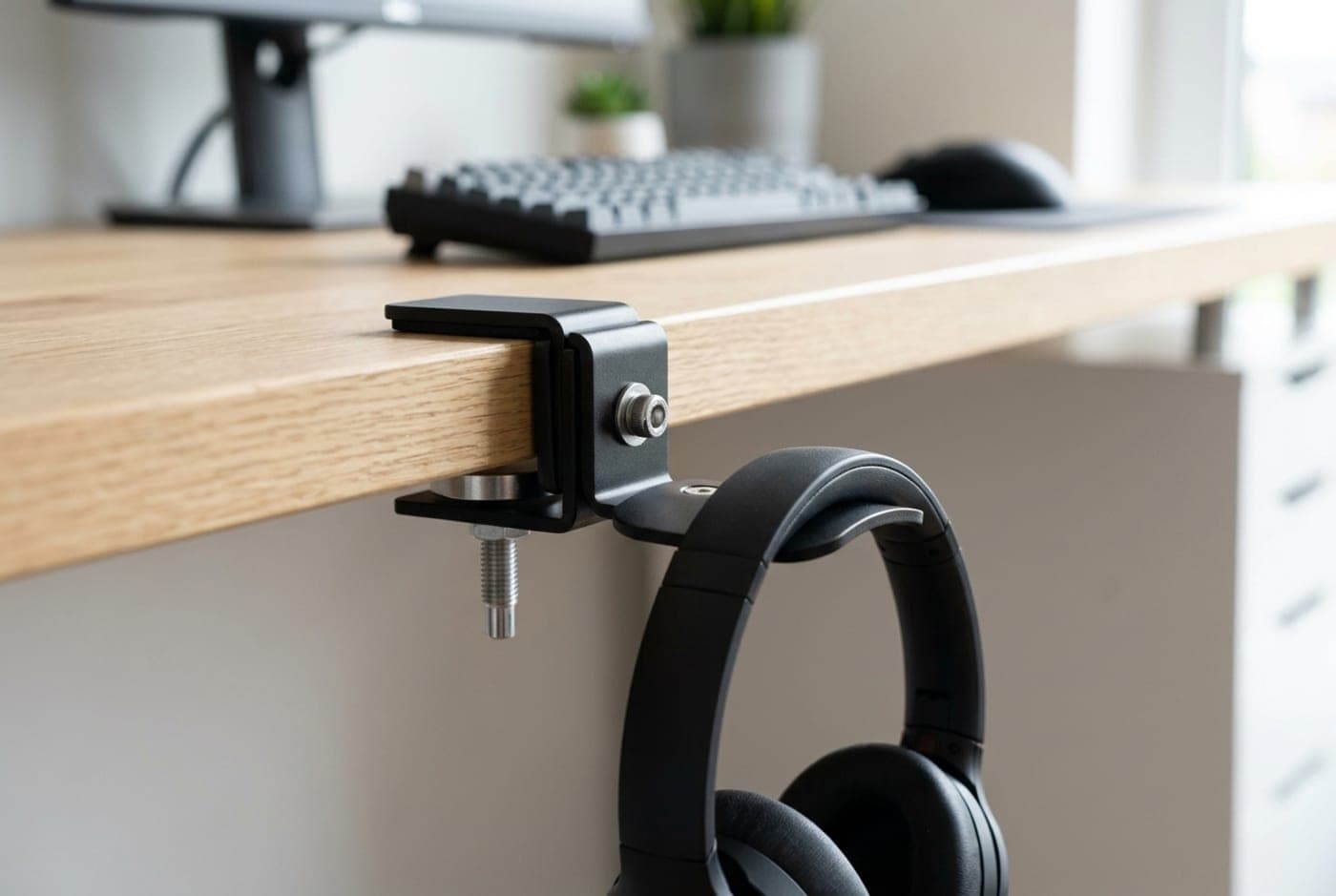 Black all-metal Brainwavz Hengja headphone hanger clamped to the edge of a desk with headphones hanging from its arm