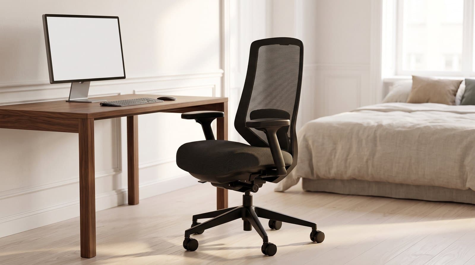 Branch Ergonomic Chair Pro with a black mesh back, black fabric seat, wide T-shaped armrests and a black aluminium five-star base, beside a desk in a home office