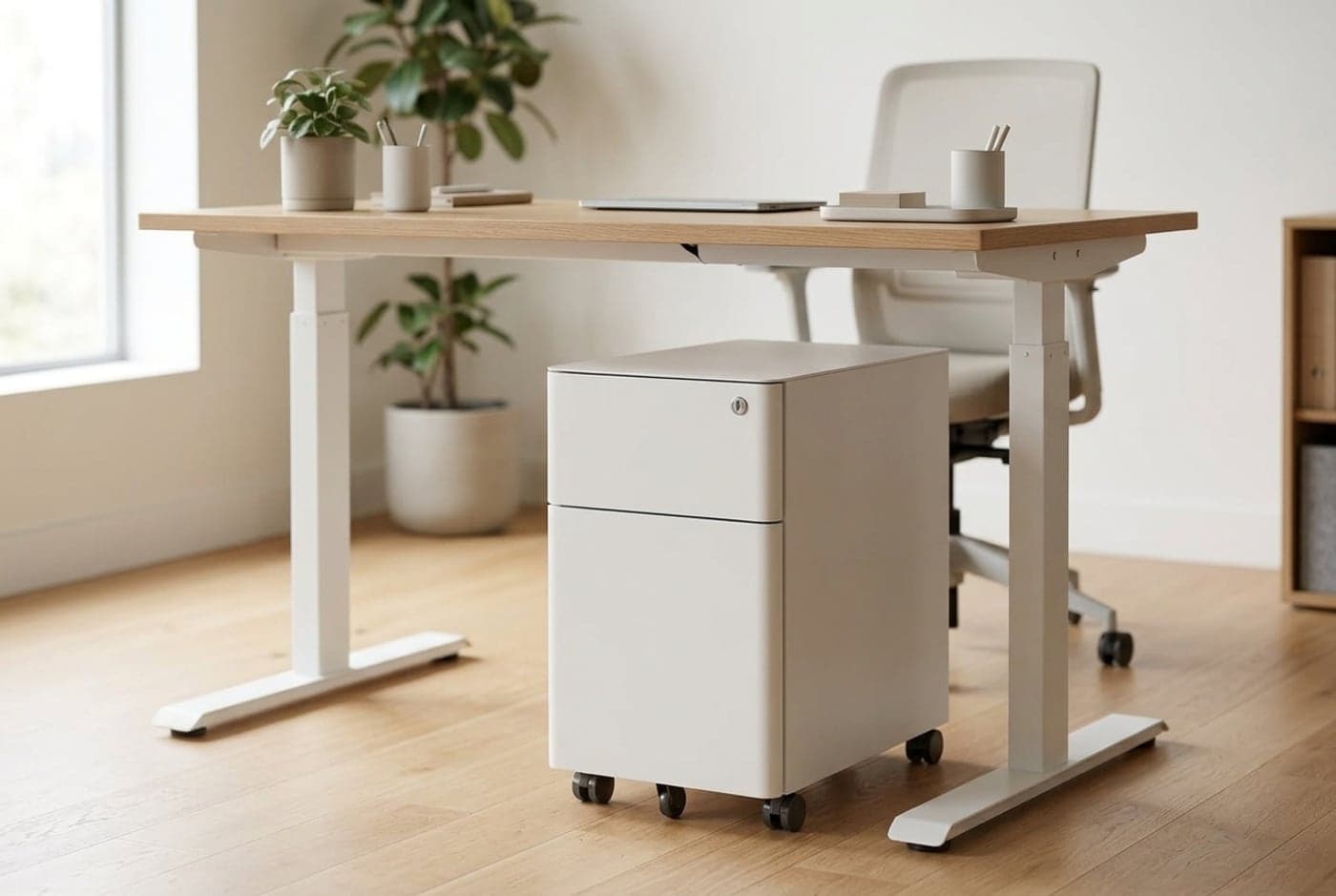 Low-profile white Branch mobile pedestal with two drawers and locking wheels tucked fully underneath a sit-stand desk