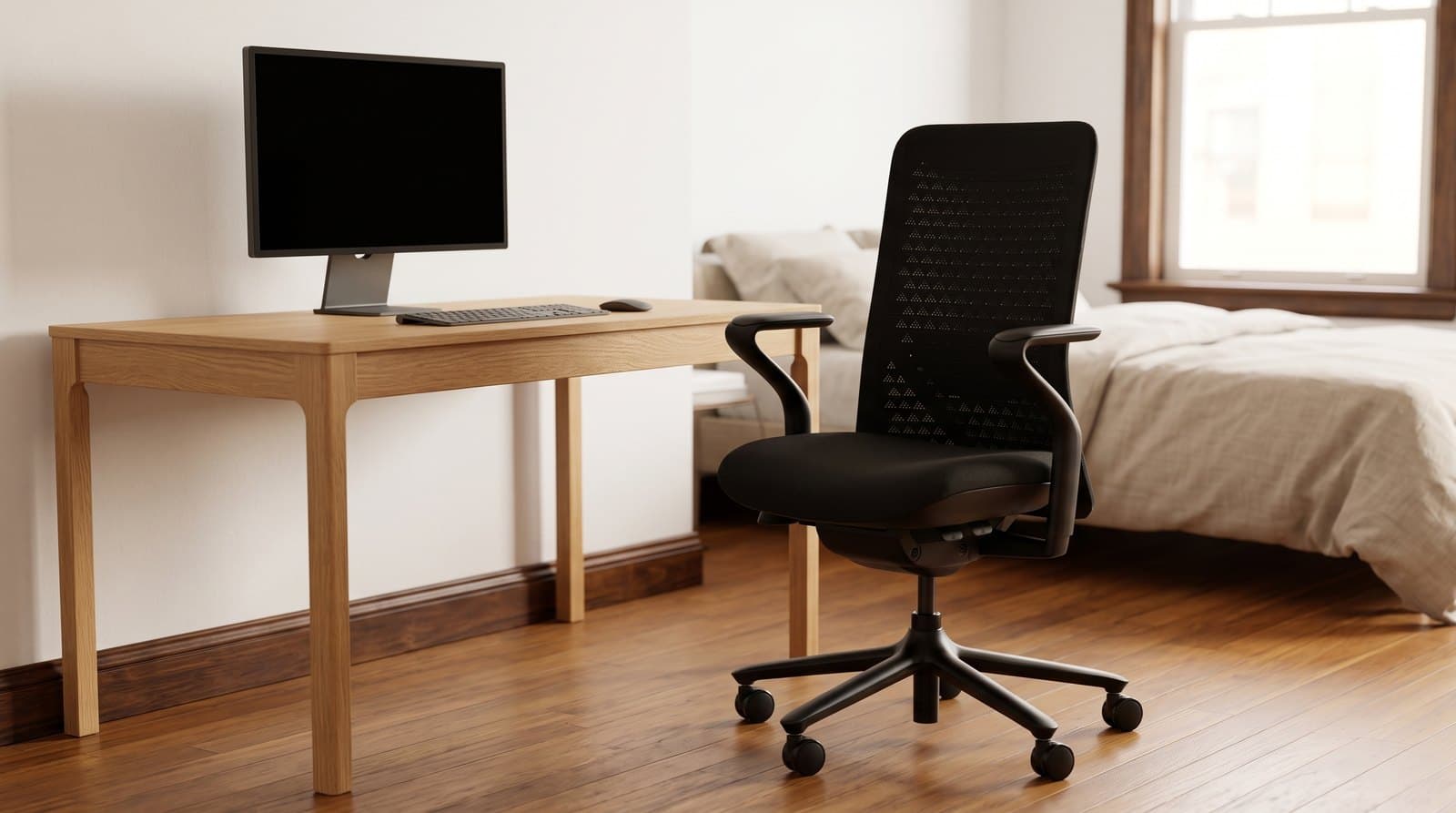 Branch Verve chair in black with a 3D knit backrest, sculpted black armrests and a black five-star base on a hardwood floor beside a desk