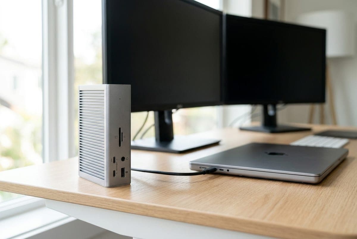 CalDigit TS4 Thunderbolt 4 dock standing upright beside a closed laptop on a home-office desk, a single cable running to the machine