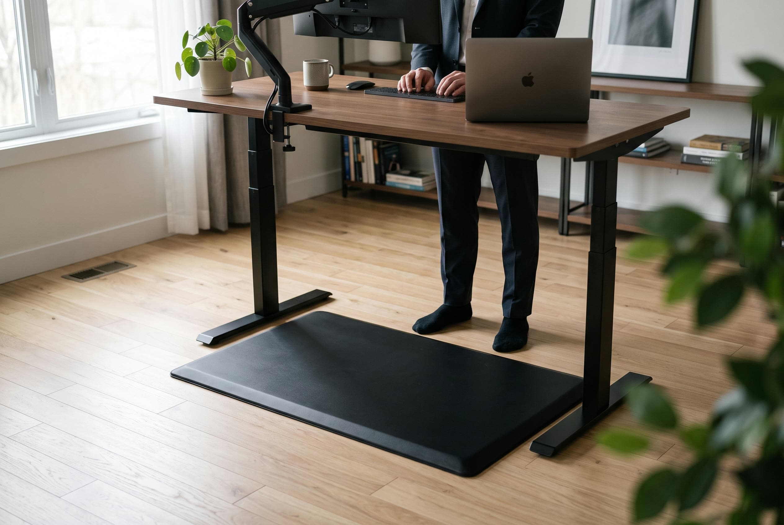 Flat black ComfiLife anti-fatigue mat with gently beveled edges on the floor under a standing desk in a tidy home office