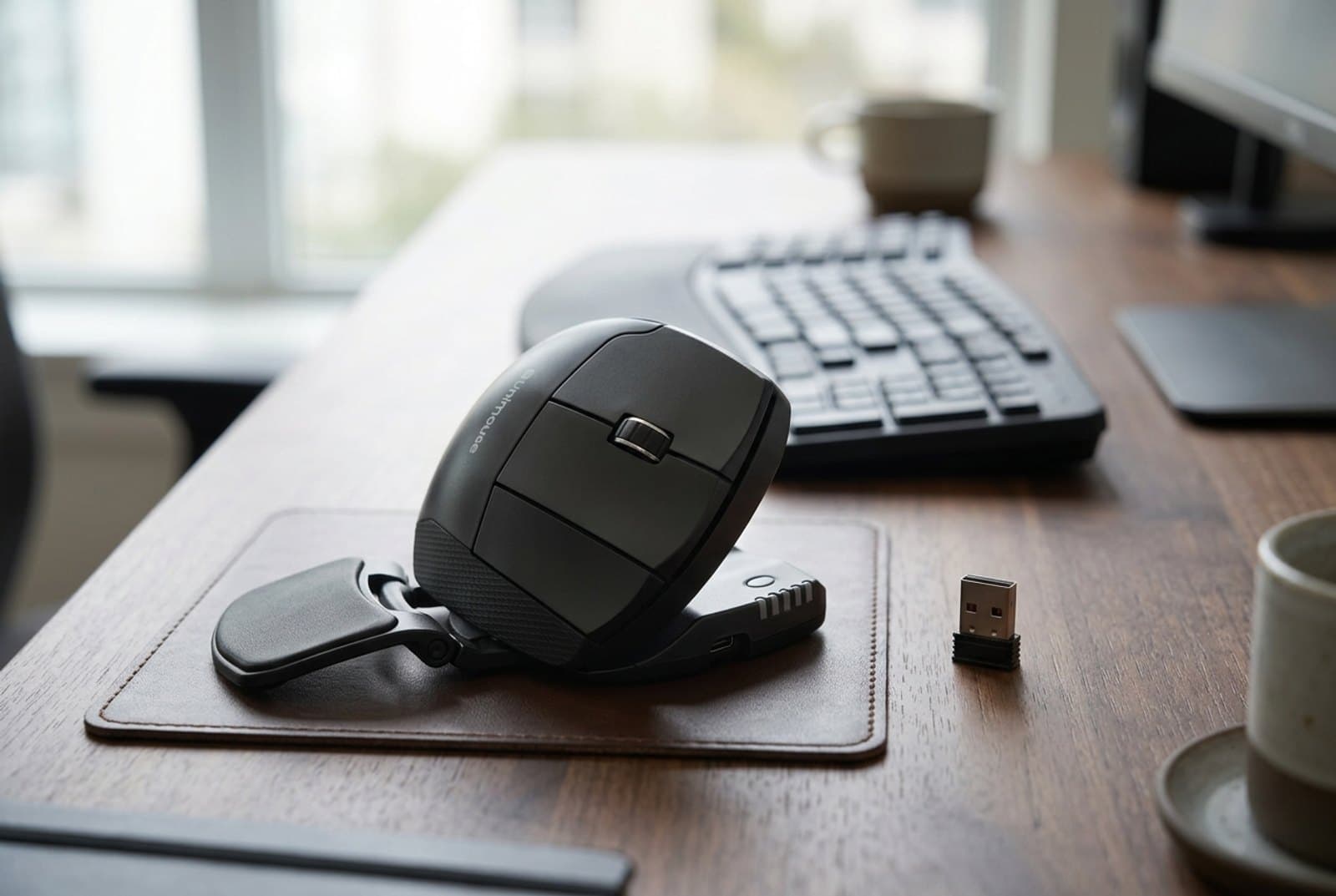 Contour Unimouse adjustable ergonomic vertical mouse in black with its hinge tilted partway up and the movable thumb rest extended, on a professional desk