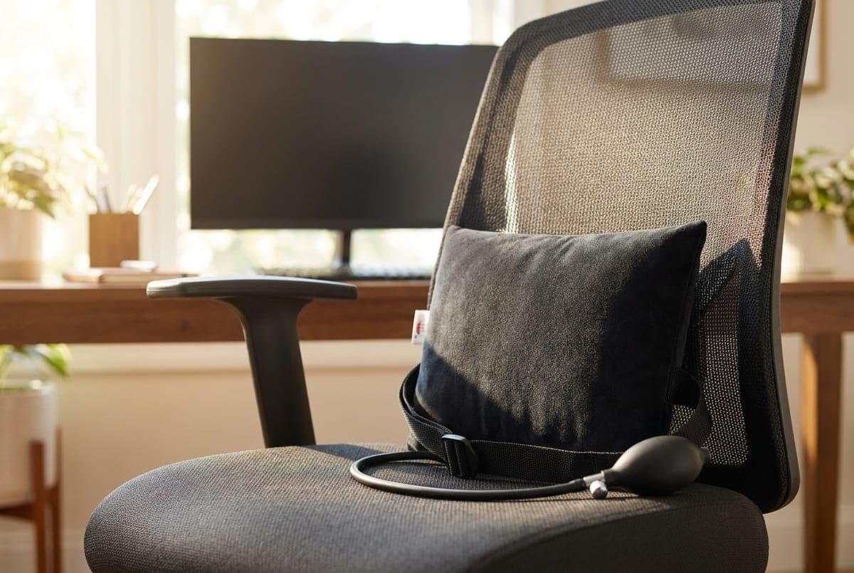 Core Products inflatable lumbar cushion with hand pump on a home-office chair