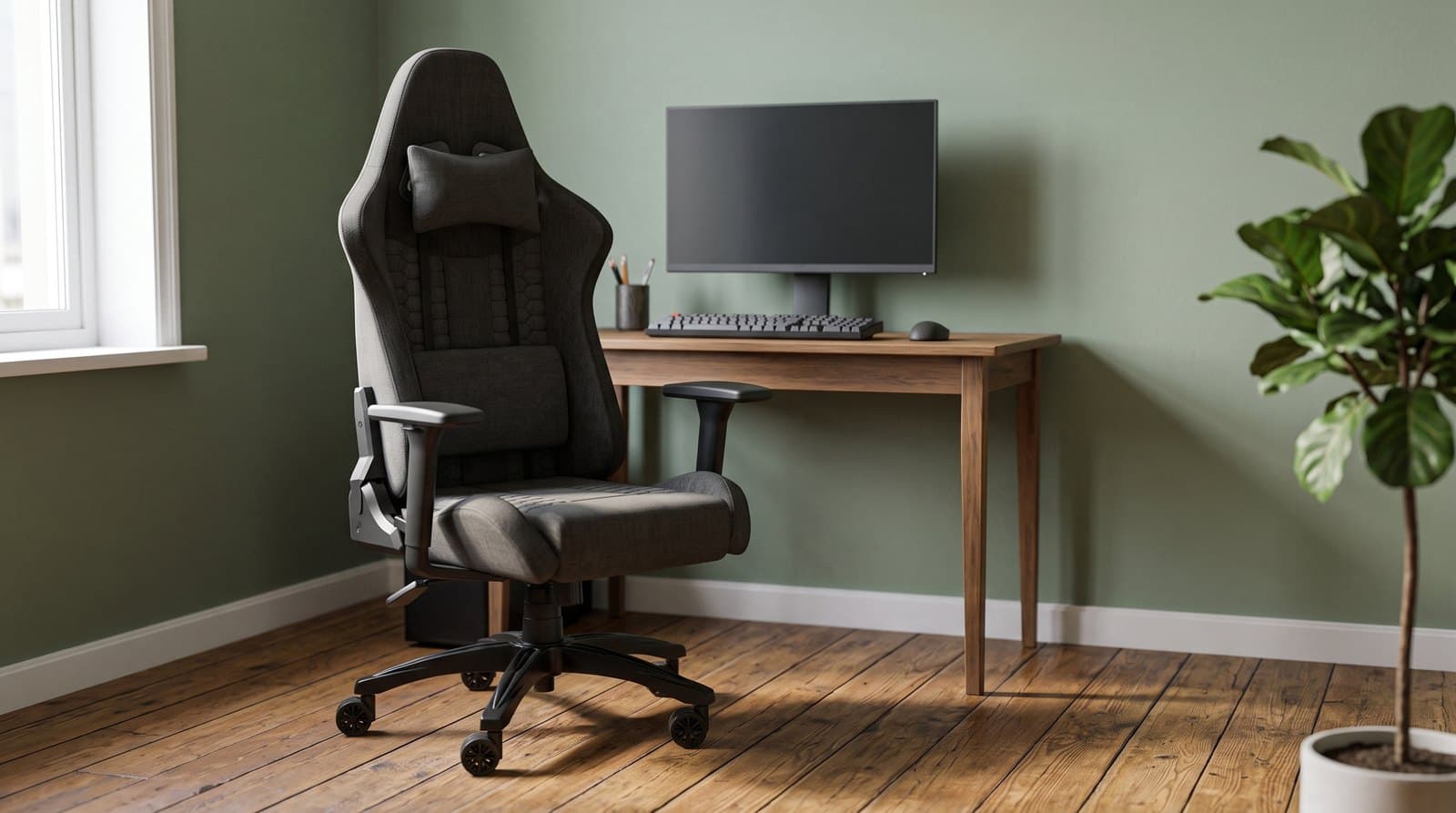 A black woven-fabric racing-style gaming chair with a detachable neck pillow and lumbar cushion, on a hardwood floor in front of a compact bedroom desk with a monitor and keyboard