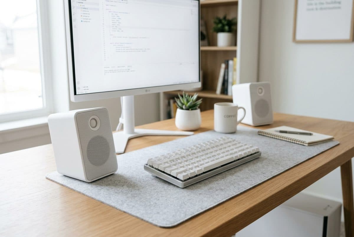 Creative Pebble V3 compact white desktop speakers on a clean minimal desk next to a keyboard and mouse