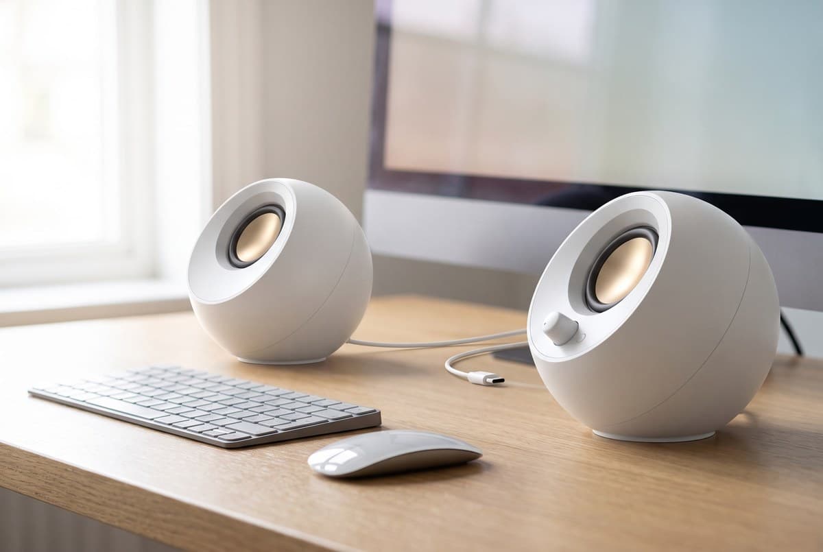 Creative Pebble V3 spherical white desktop speakers, drivers angled upward at 45 degrees, on a light oak desk beside a low-profile keyboard and mouse with a single USB-C cable between them