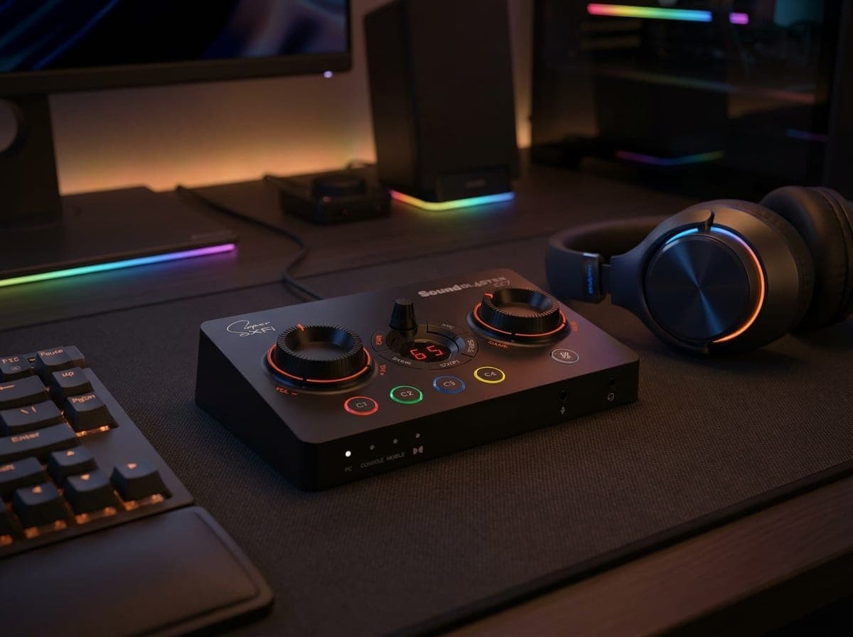 Creative Sound Blaster GC7 angled gaming USB DAC with programmable buttons and volume dial on a desk beside a gaming headset