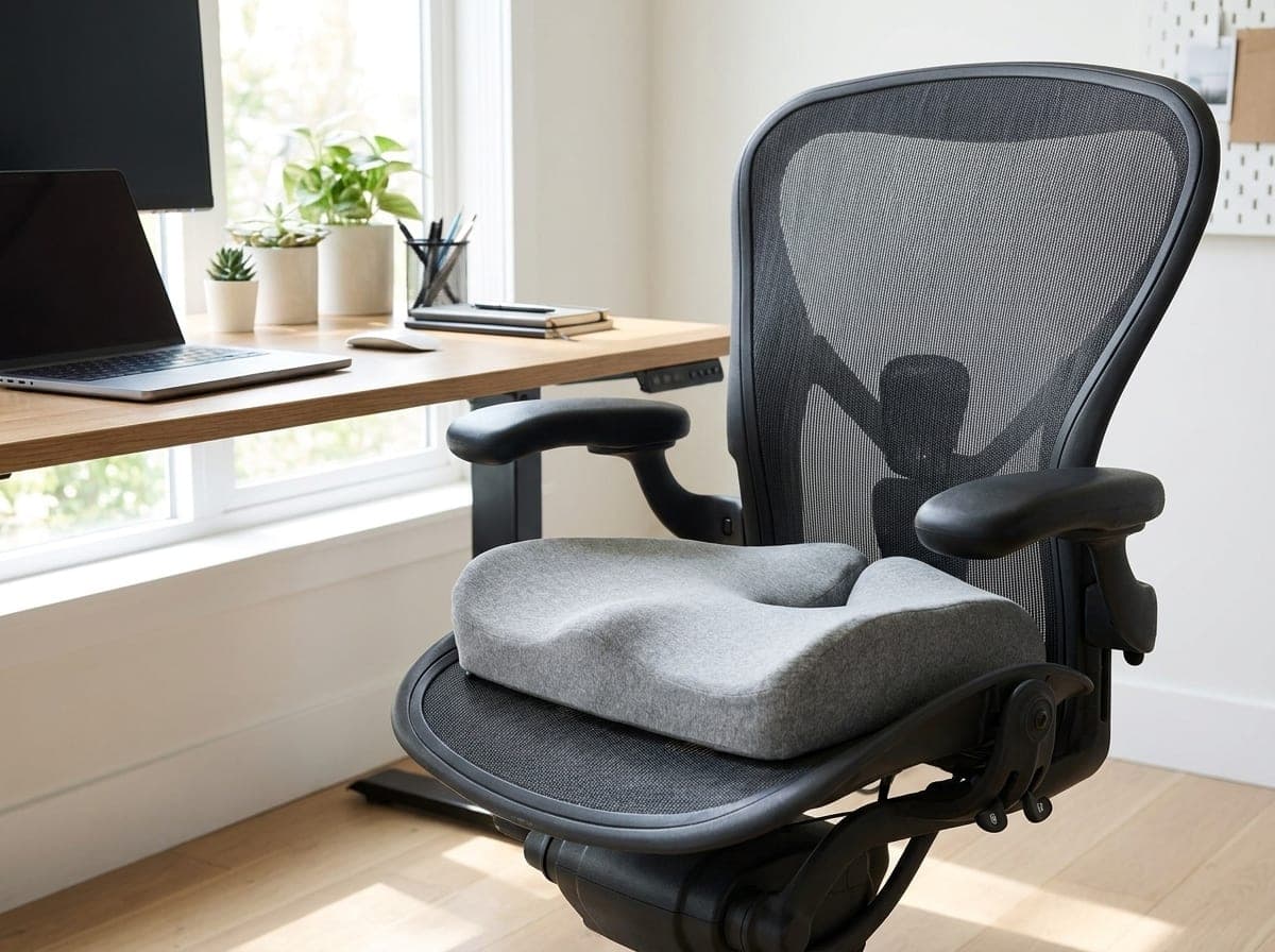 Cushion Lab extra-dense contoured seat cushion with sculpted thigh and hip zones on an ergonomic office chair