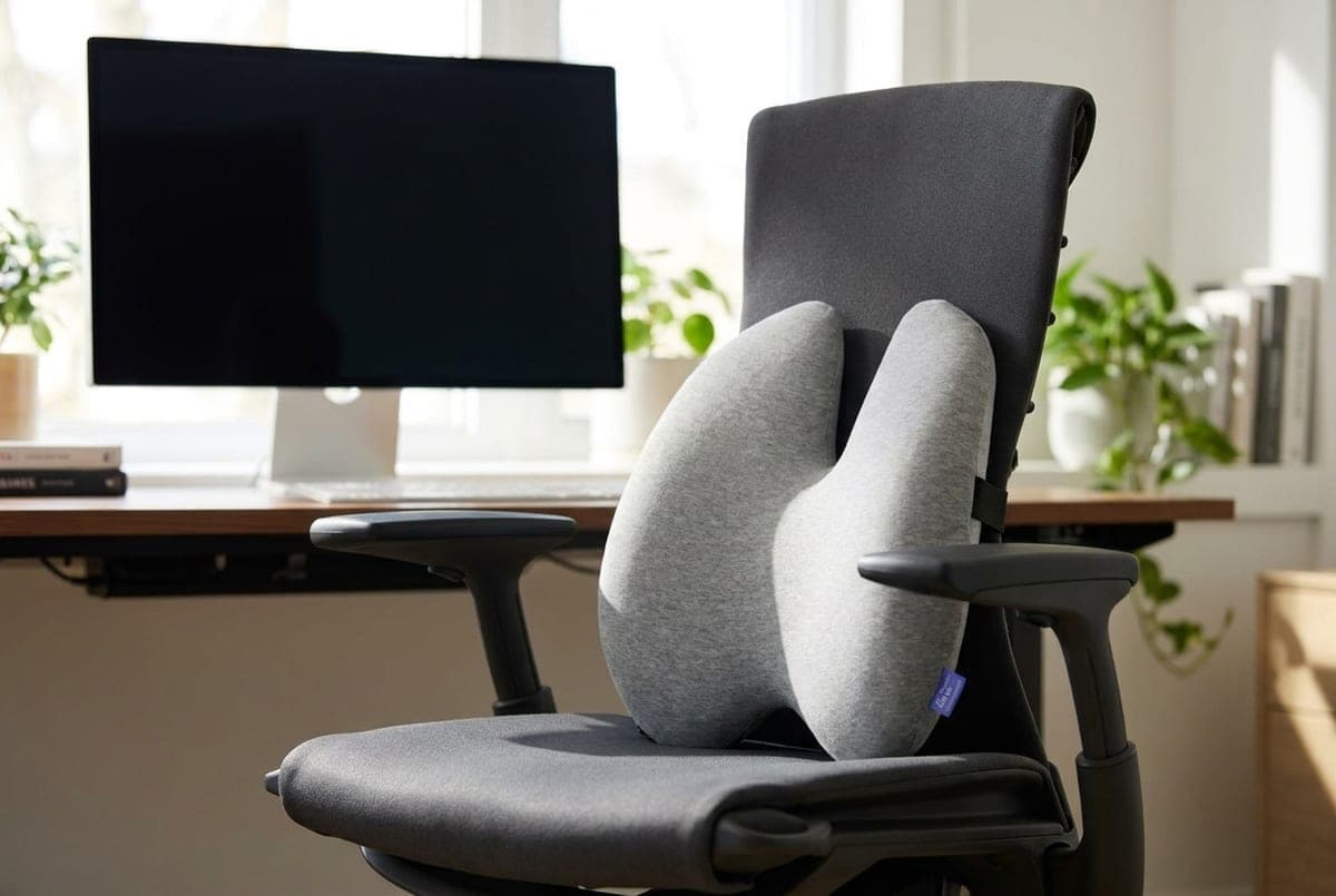 Cushion Lab Ergonomic Lumbar Pillow with sculpted multi-zone HYPERFOAM back on an office chair