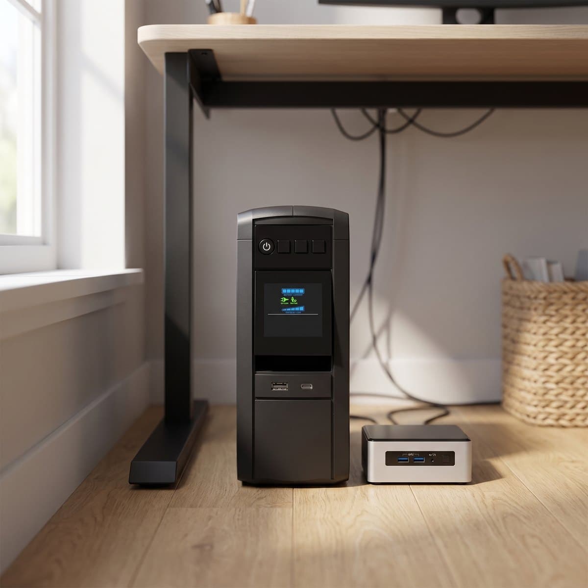 CyberPower CP1000PFCLCD compact black tower UPS with a color LCD screen tucked under a home-office desk beside a small form factor PC