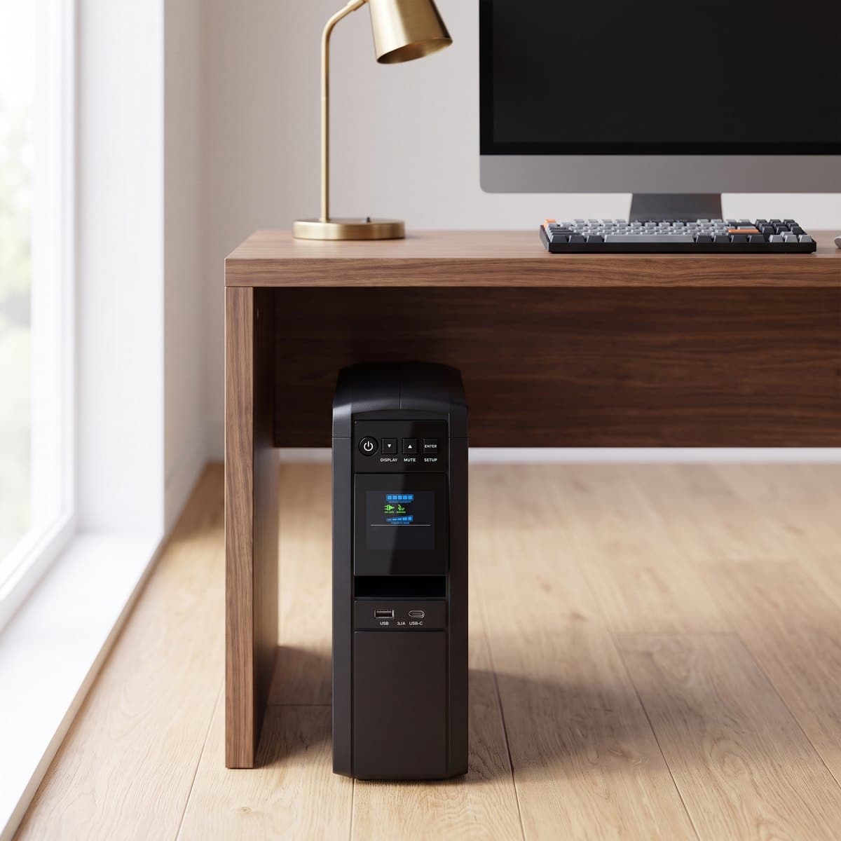CyberPower CP1500PFCLCD black tower UPS with a tilted color LCD panel standing on the floor beside a desk, connected to a PC tower and monitor