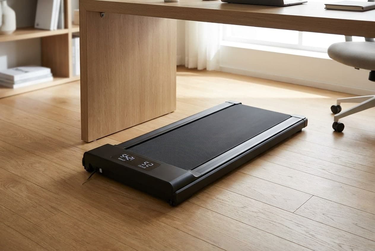 DeerRun Q1 Mini compact under-desk walking pad, a low slim treadmill with a simple LED readout, on the floor beneath a desk in a small home office