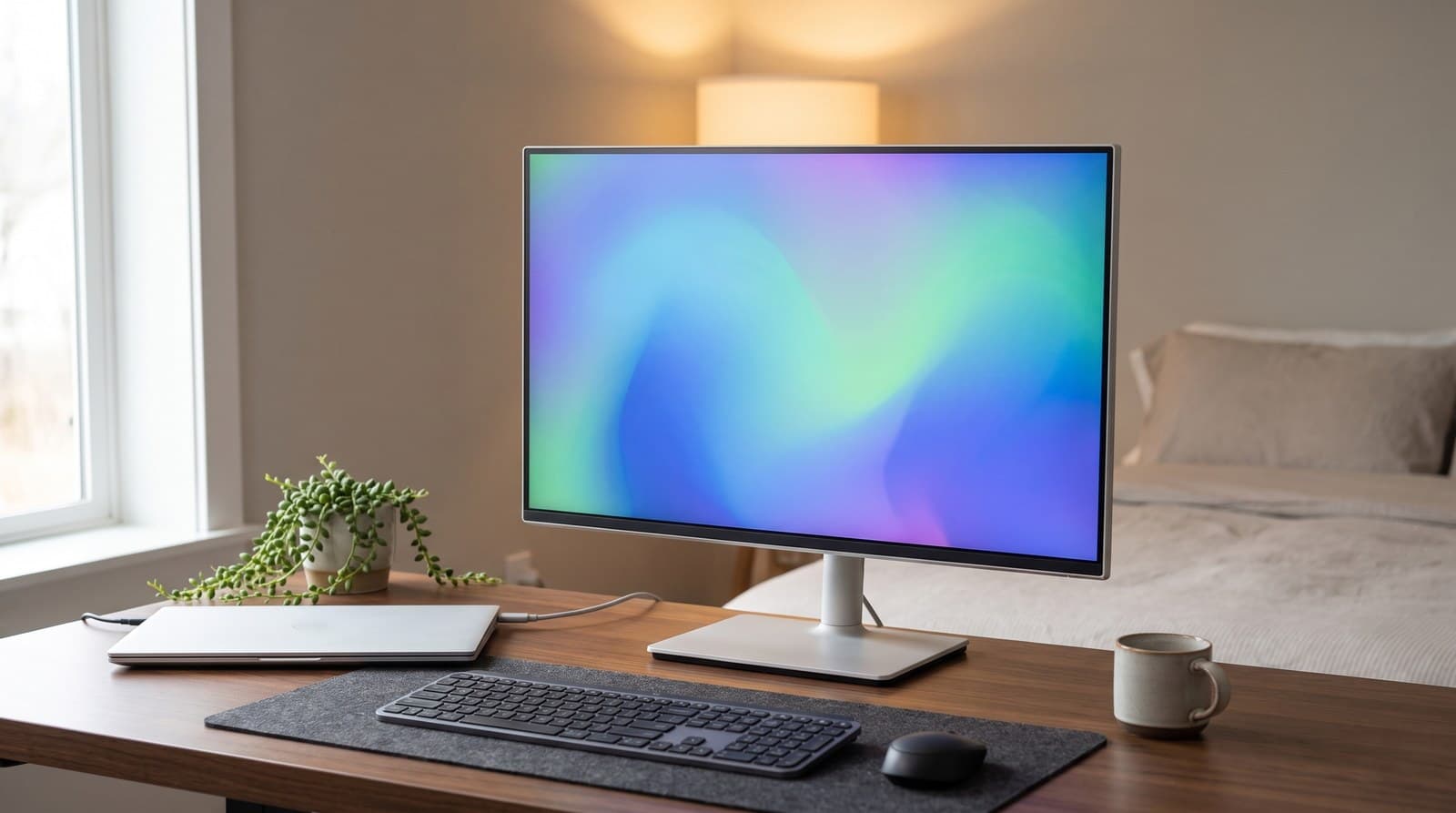 Ash-white 27-inch 4K monitor on a slim height-adjustable stand with a rectangular flat base, on a walnut desk beside a window, connected to a closed silver laptop by a single USB-C cable