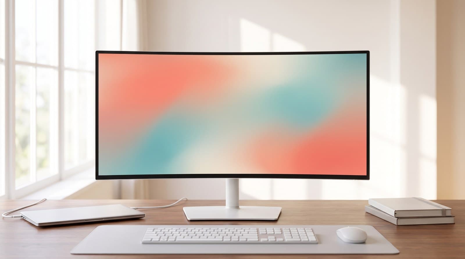 White-shelled 34-inch curved ultrawide monitor with a black borderless screen, on a slim white column stand with a flat rectangular base, centred on a walnut desk in a bright window-lit room, with a white keyboard and mouse in front and a closed laptop docked by a single cable to the left
