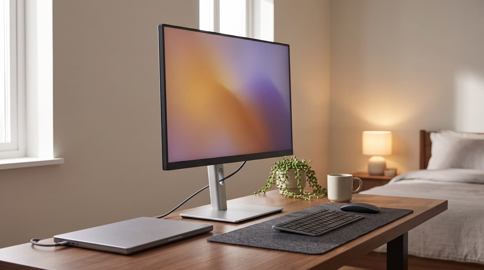 Silver-and-black 27-inch 4K monitor on a height-adjustable pillar stand at the centre of a walnut home-office desk, with a single Thunderbolt cable running to a closed laptop