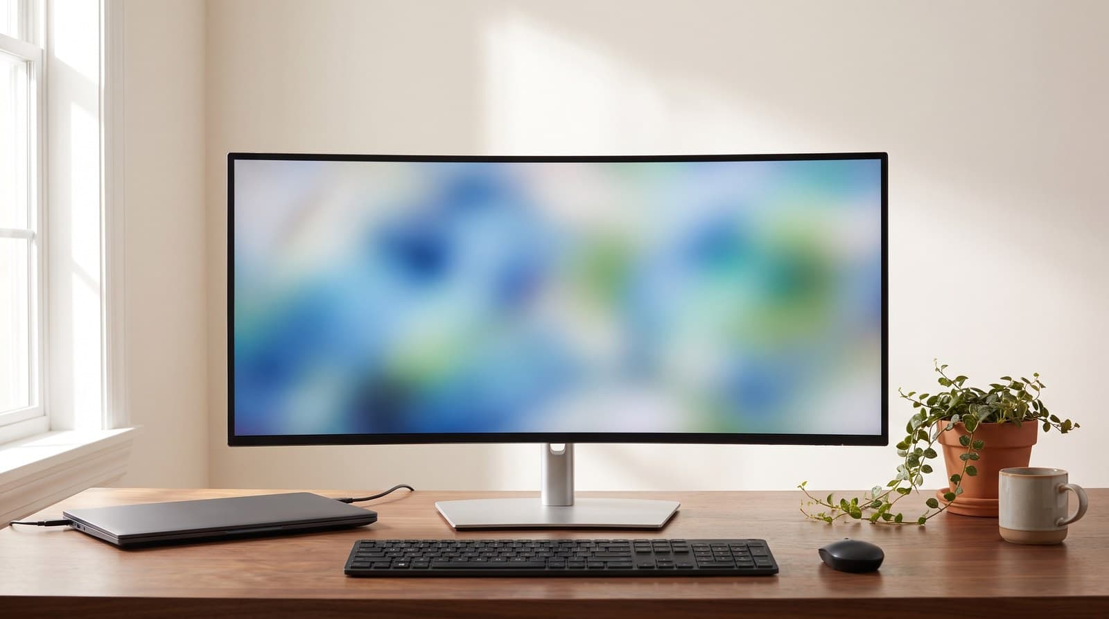 Silver-and-black 34-inch gently curved ultrawide monitor on a slim silver pillar stand with a flat rectangular base, at the centre of a walnut home-office desk with a single cable running to a closed laptop