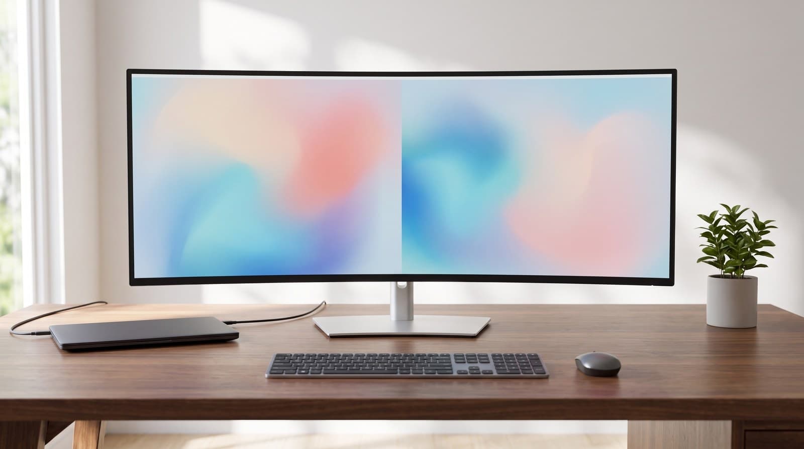 Very wide silver-and-black 40-inch curved 5K2K monitor on a silver pillar stand with a rectangular base, spanning the back of a large walnut desk, its screen split down the middle into two equal halves