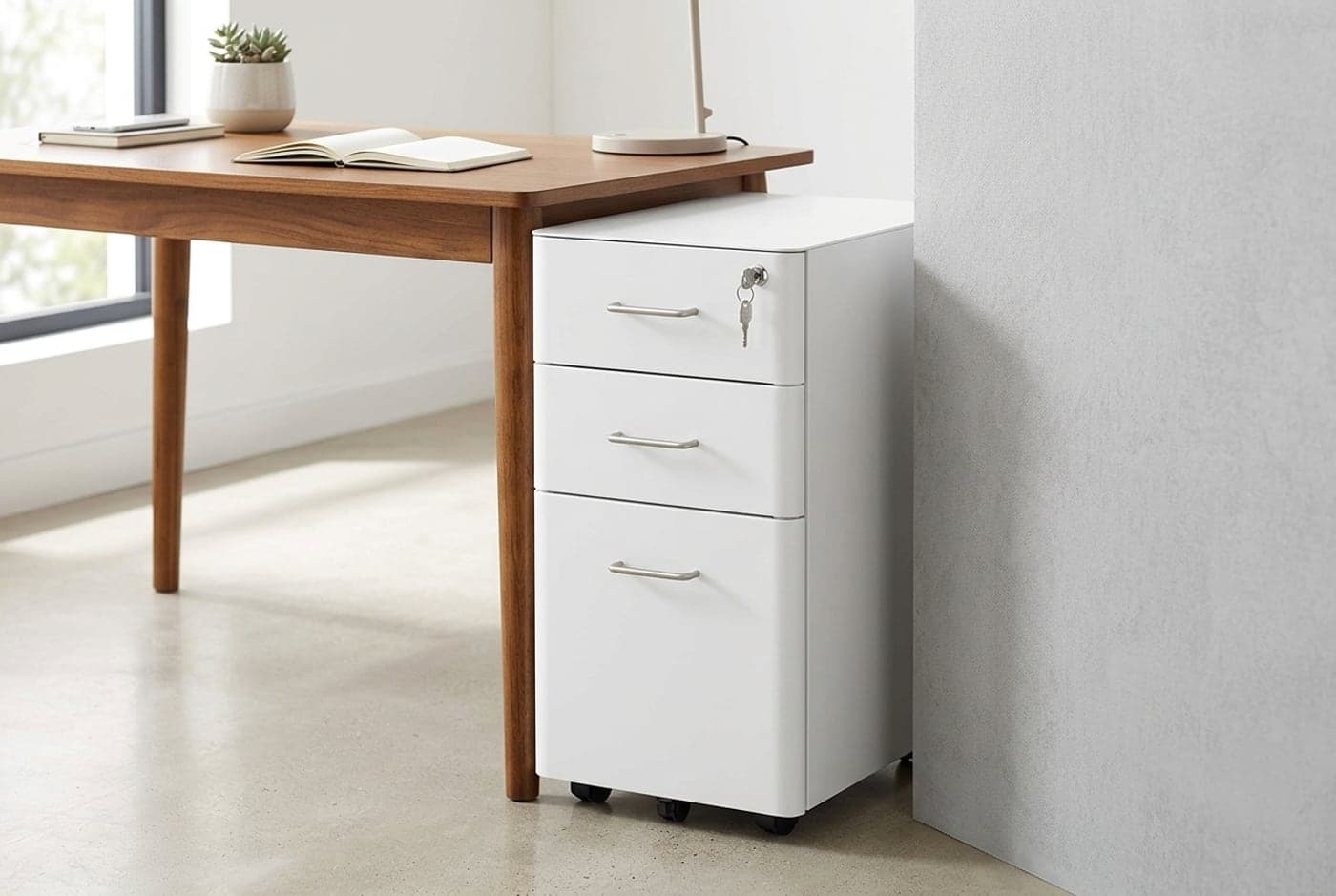 Slim white DEVAISE three-drawer metal mobile file cabinet with a lock, standing beside a desk on five casters