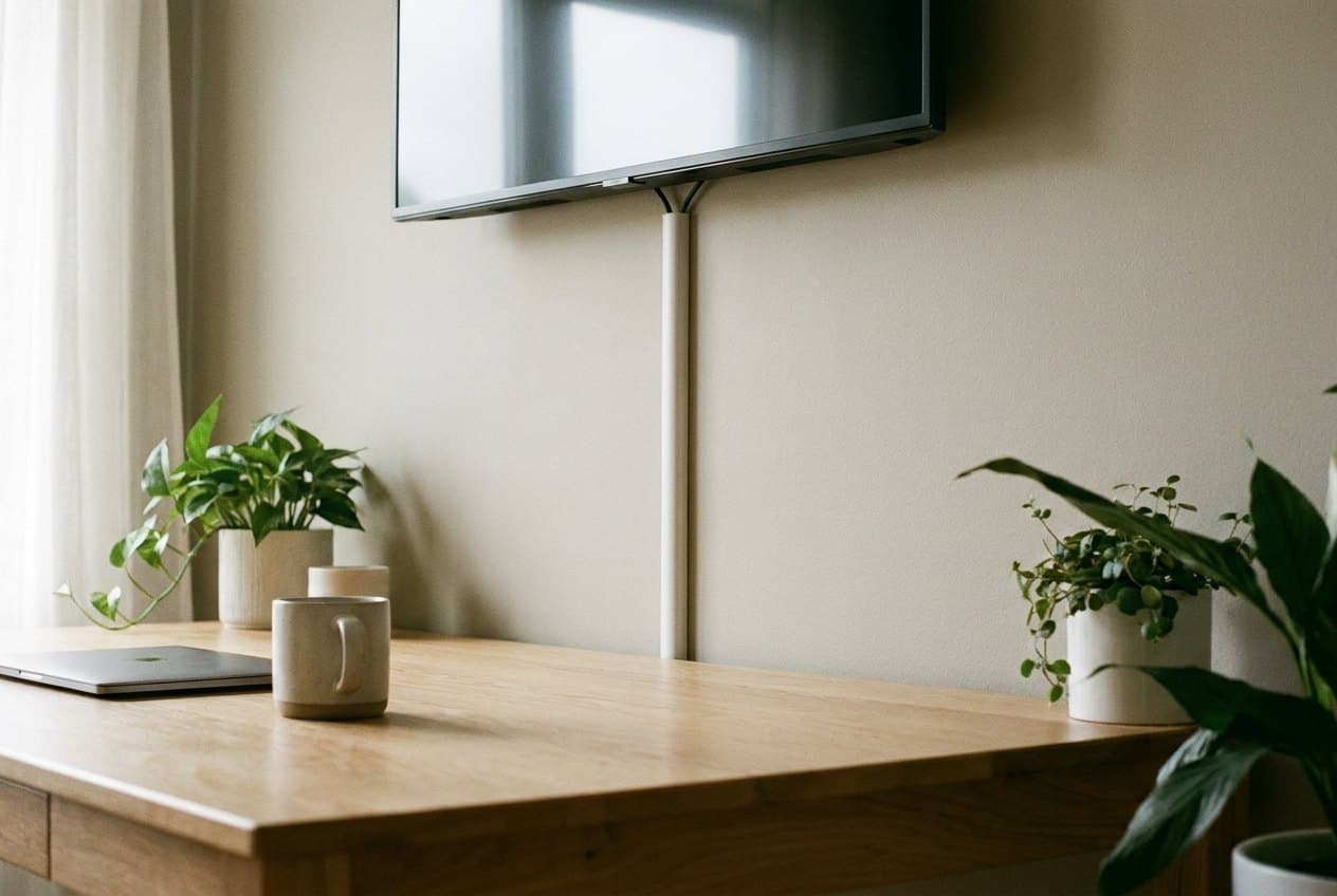 White D-Line paintable cable raceway channel running vertically up a wall behind a desk hiding monitor and power cords