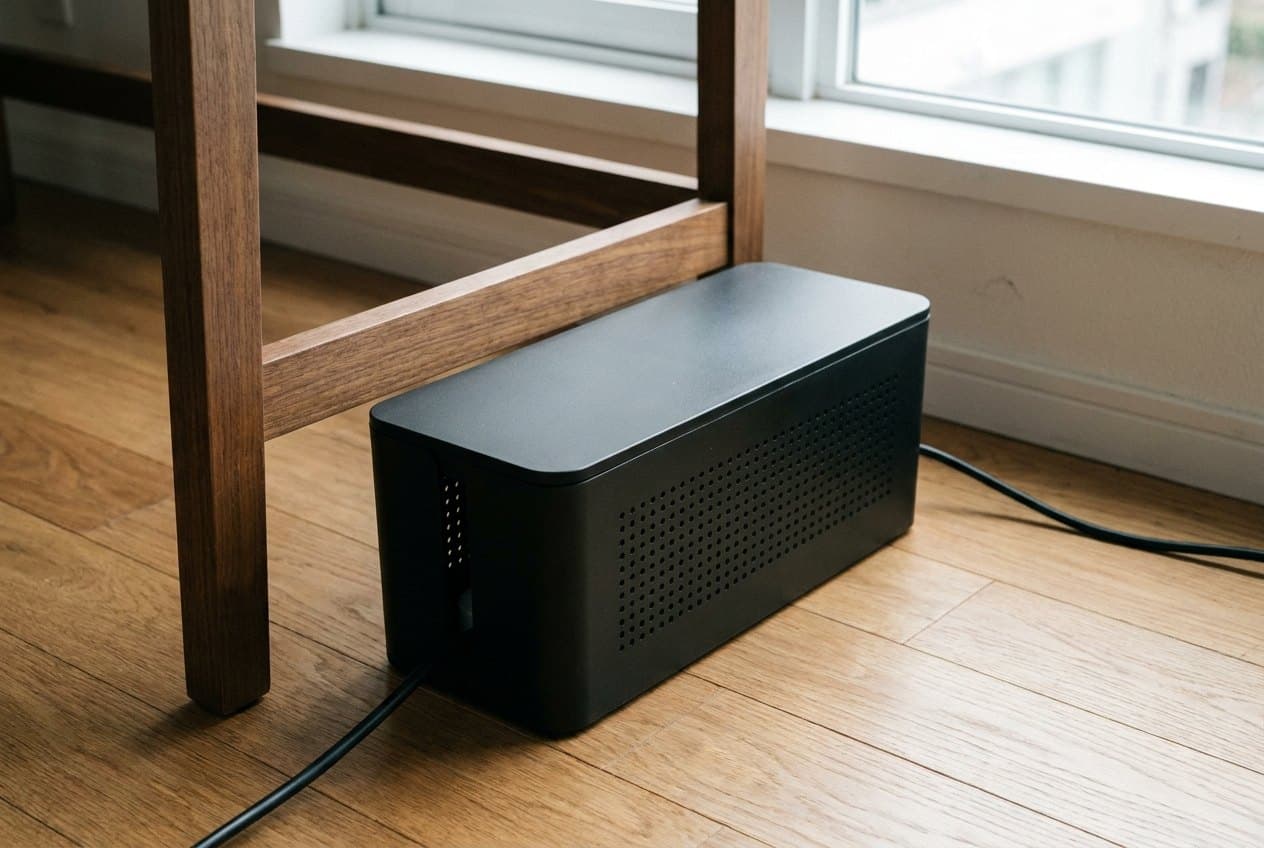 D-Line large cable tidy box in black hiding a power strip on the floor beside a desk leg with cords exiting each end